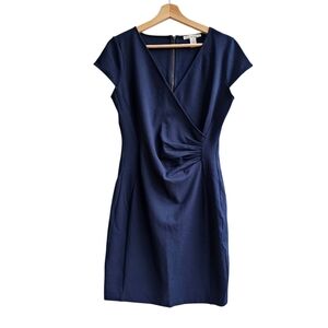 Kenneth Cole New York Faux Wrap Ruched V-Neck Full Zip Back Dress Blue Size 8